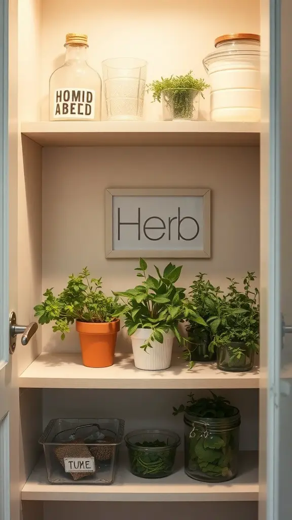 A small herb garden displayed in a closet pantry with various herbs in pots and jars.