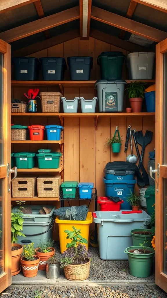 A well-organized shed with custom shelving units, featuring various storage bins and plants.