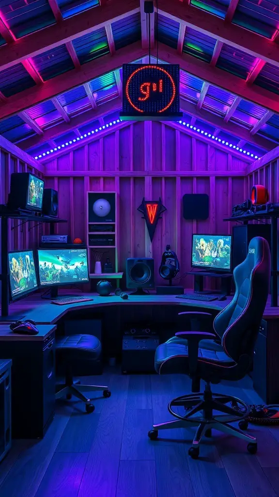 27+ Creative Party Shed Ideas 2 A vibrant gaming shed with multiple monitors, neon lights, and a comfortable gaming chair.