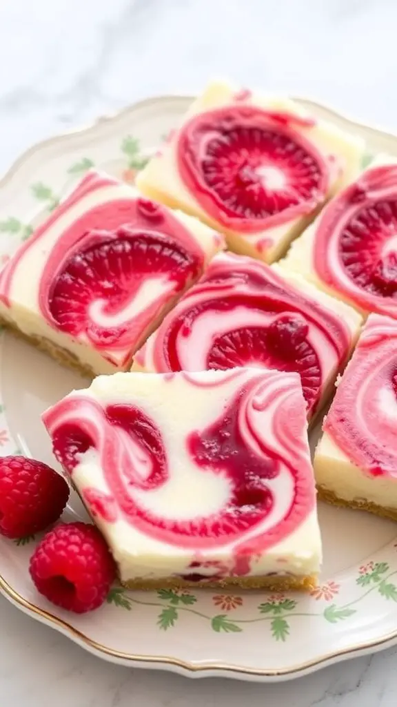 Raspberry Swirl Cheesecake Bars on a pink plate, garnished with fresh raspberries and mint.