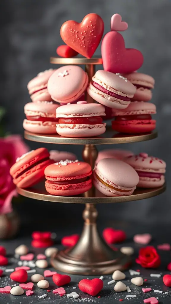 A tiered stand filled with Valentine's Day themed macarons in pink and red colors, decorated with heart shapes and sprinkles.