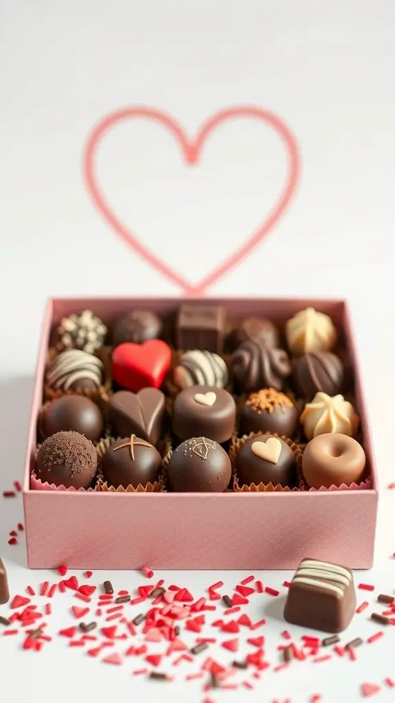 27+ Creative Sweet Box Ideas for Valentine's Day 7 A pink box filled with assorted chocolate truffles, some decorated with hearts and sprinkles, set against a light background.