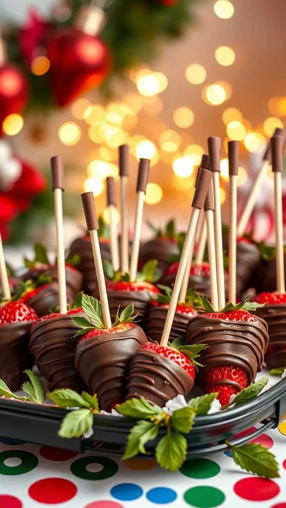 A tray of chocolate-dipped strawberry skewers with festive decorations in the background