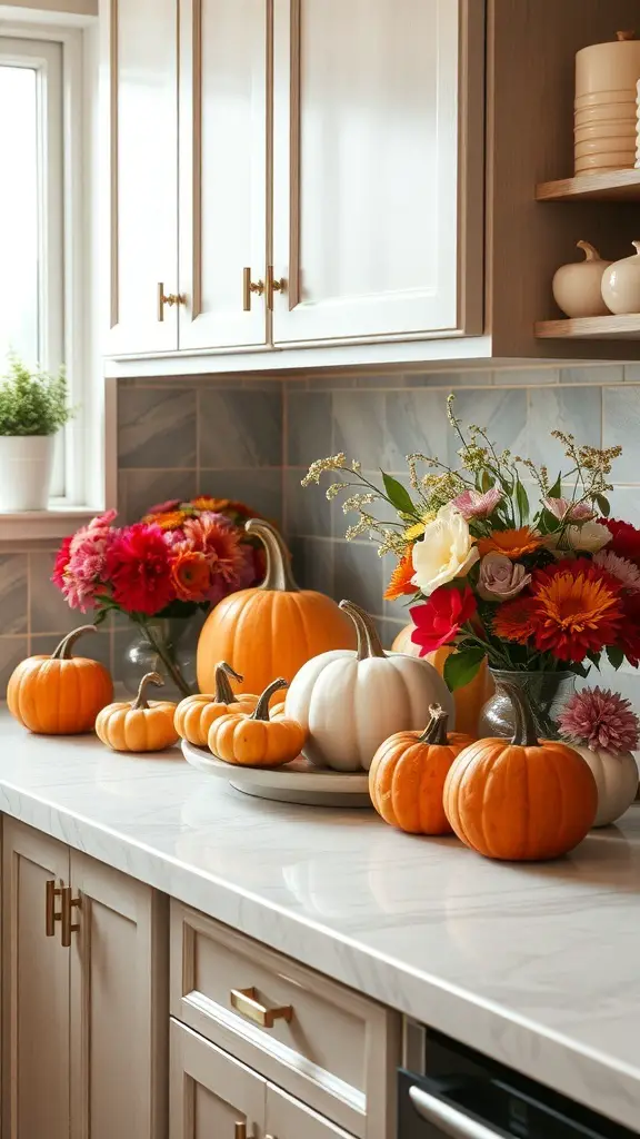 29+ Stunning Kitchen Countertop Decor Ideas 11 A kitchen countertop decorated with pumpkins and colorful flowers for seasonal decor.