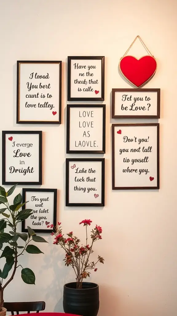 A collection of love notes wall art framed on a wall, featuring quotes about love and heart motifs, with a potted plant in the foreground.
