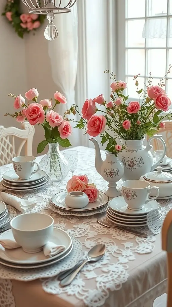 A vintage-inspired tablescape featuring pink roses, lace tablecloth, and fine china.