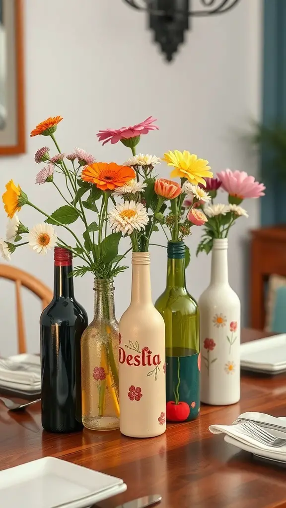 Colorful upcycled wine bottle vases with flowers on a dining table