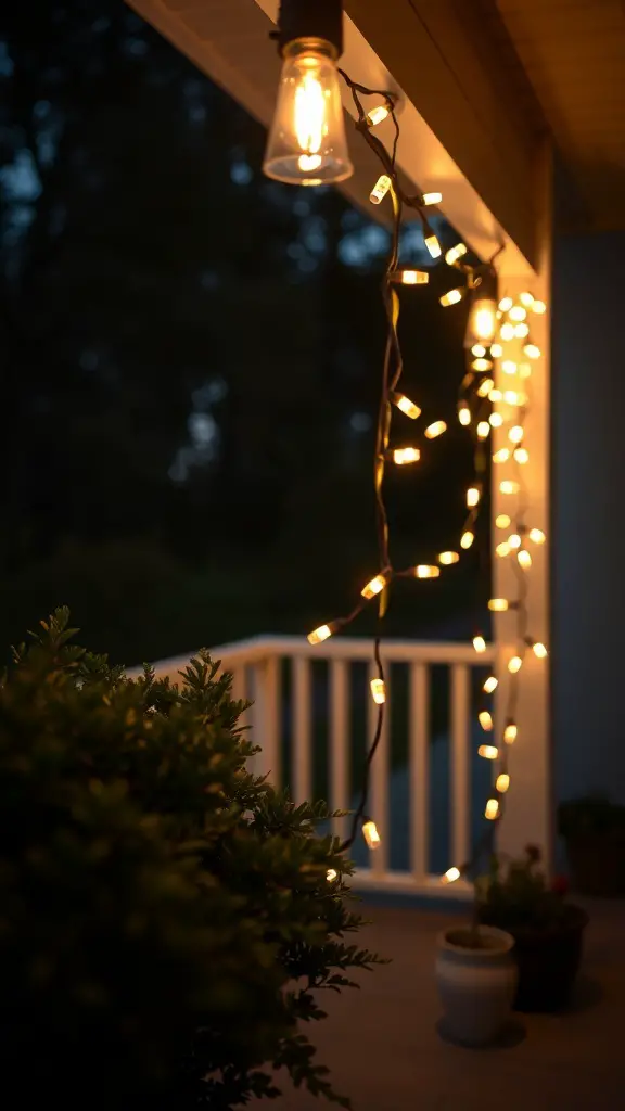 23+ Gorgeous Valentine's Day Porch Decor Ideas You’ll Love 2 A porch decorated with string lights creating a warm, inviting atmosphere.