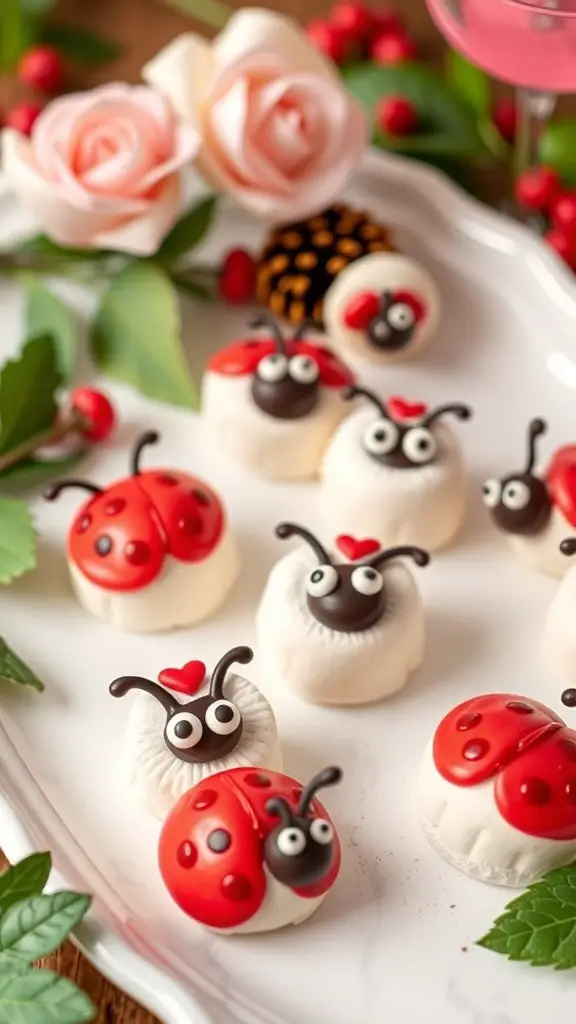 A plate of Love Bug Marshmallow Treats decorated as ladybugs with red and black colors.