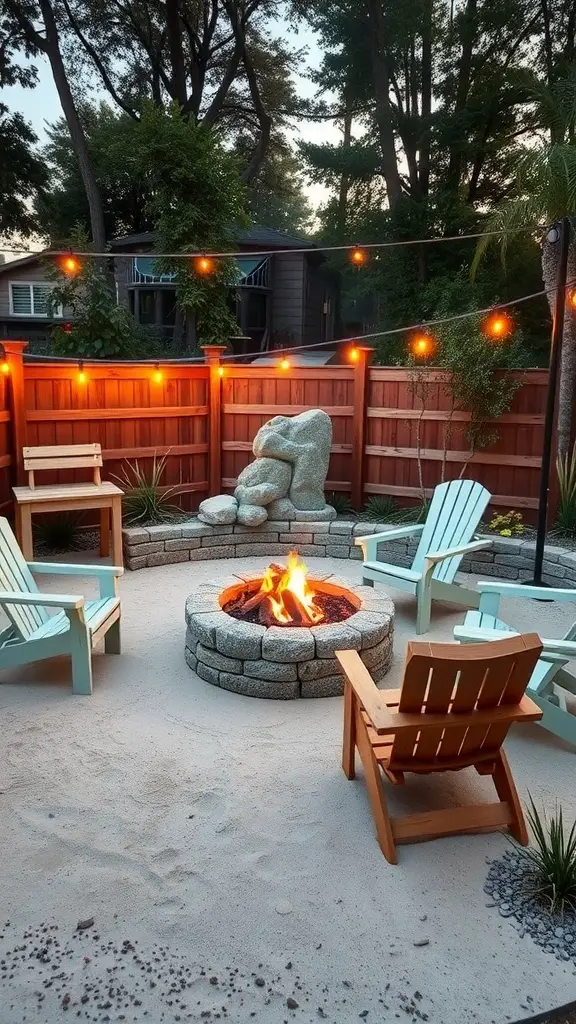 A cozy themed fire pit area with a stone fire pit, sandy ground, string lights, and colorful chairs.