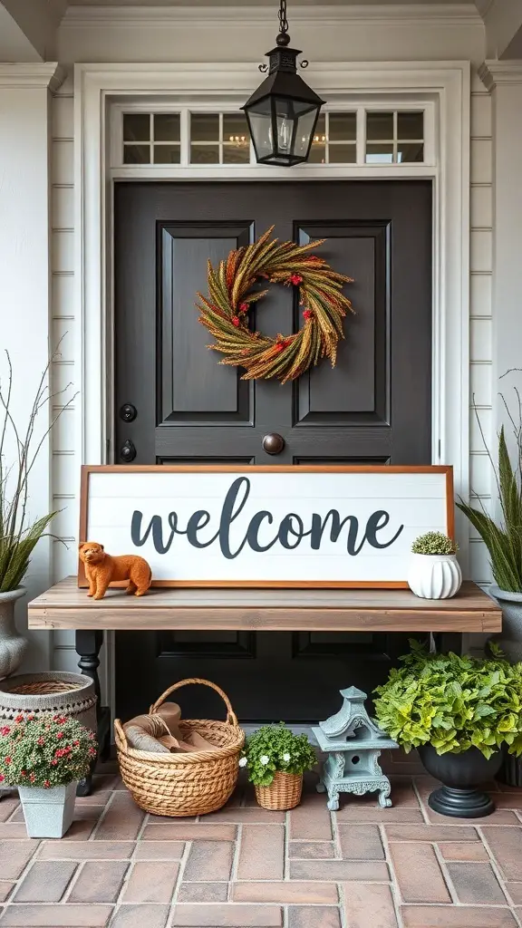 A front entry with a welcome sign, wreath, and decorative plants.