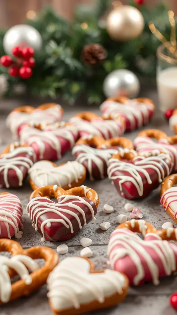 Chocolate-covered pretzel hearts decorated with white chocolate drizzle and sprinkles