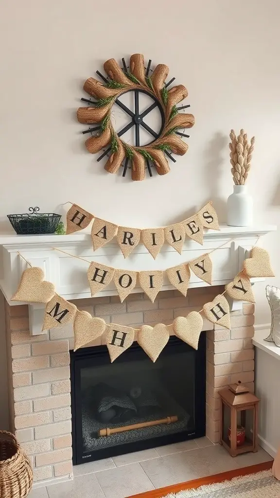 A charming heart banner hanging above a fireplace, featuring burlap hearts and letters.
