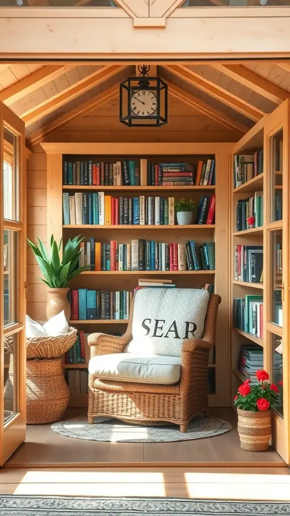 Cozy reading nook with a chair, bookshelves, and plants.