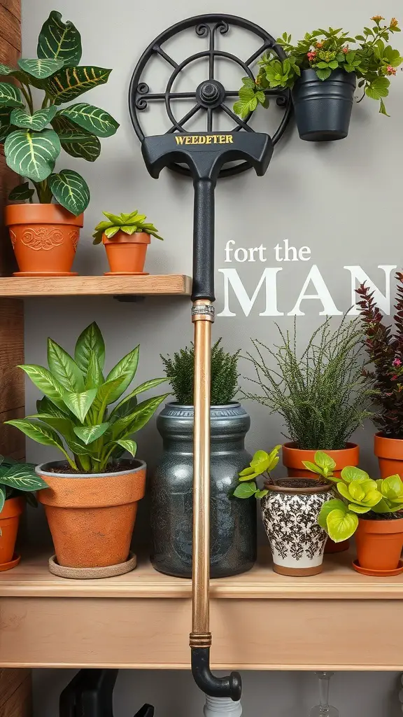 A creative display featuring a weedeater mounted on a wall surrounded by potted plants.