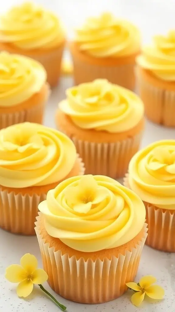 Yellow buttercup delight cupcakes with floral frosting