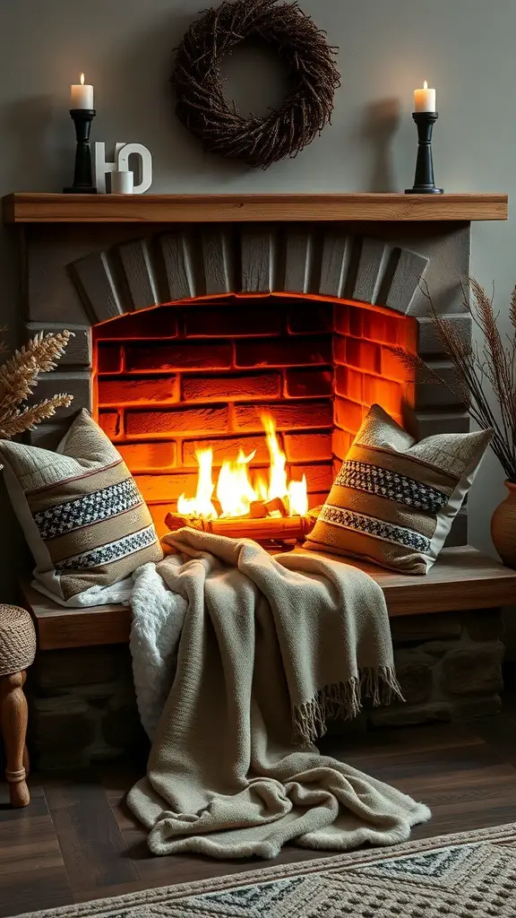 Cozy blanket and pillow setup by a fireplace with candles and a wreath.