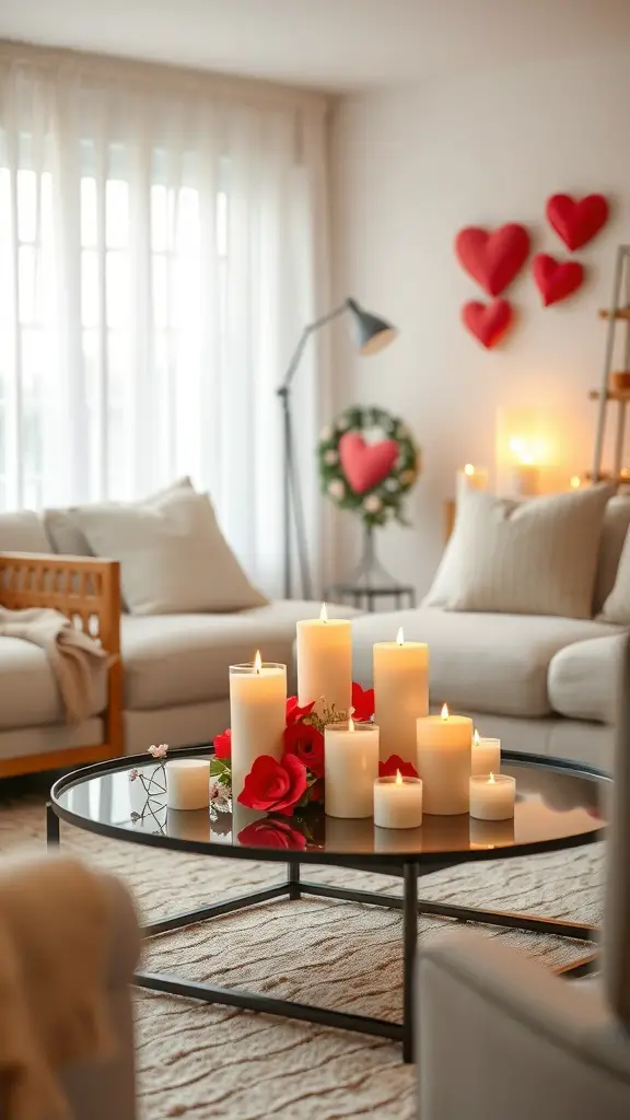 A cozy living room with a candle arrangement on a coffee table, surrounded by roses.