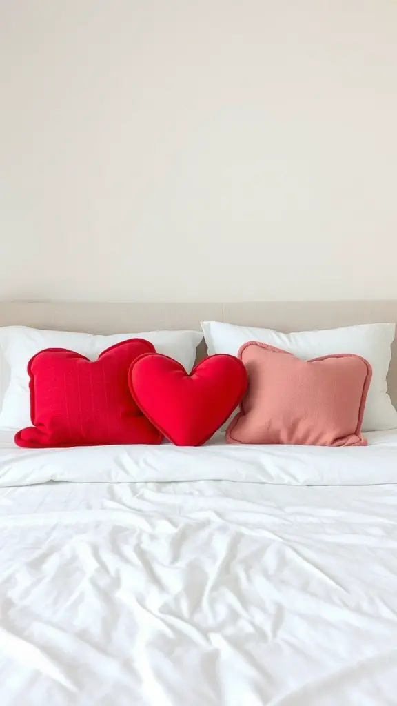 Three heart-shaped throw pillows on a bed