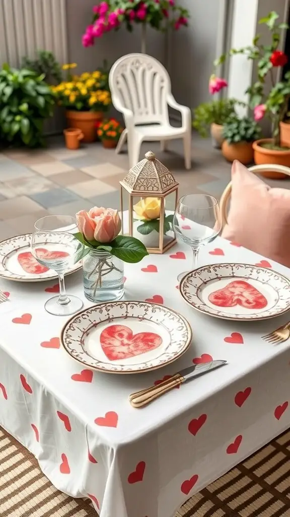 A beautifully set table with heart-printed tableware, featuring plates and glasses, surrounded by flowers on a patio.