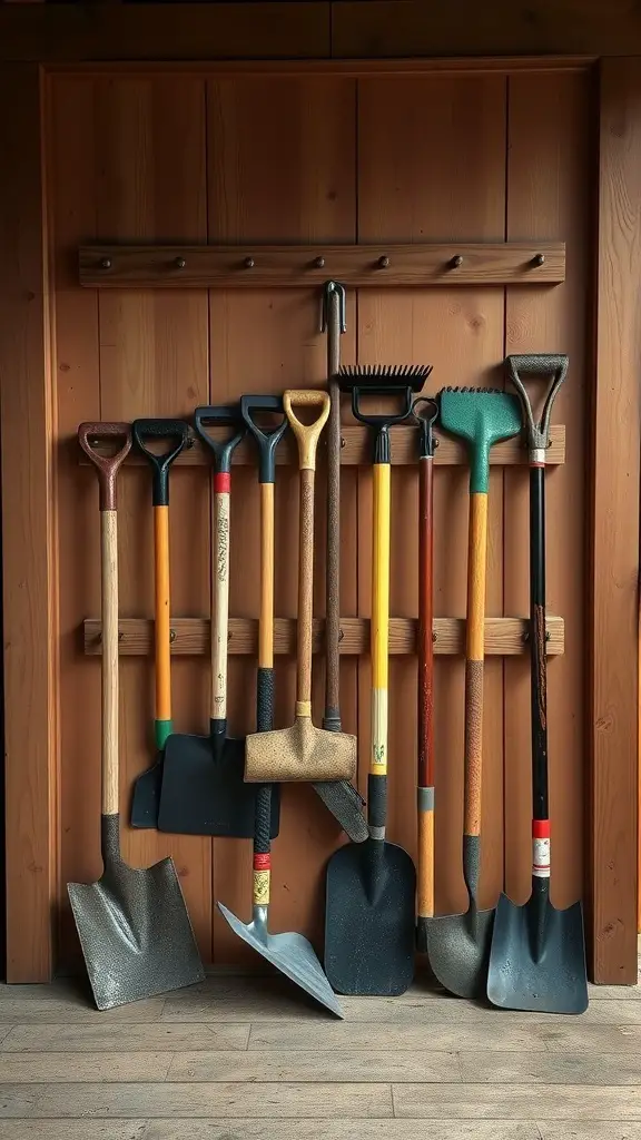 A wooden rack displaying various garden tools like shovels and rakes, organized neatly on a wall.