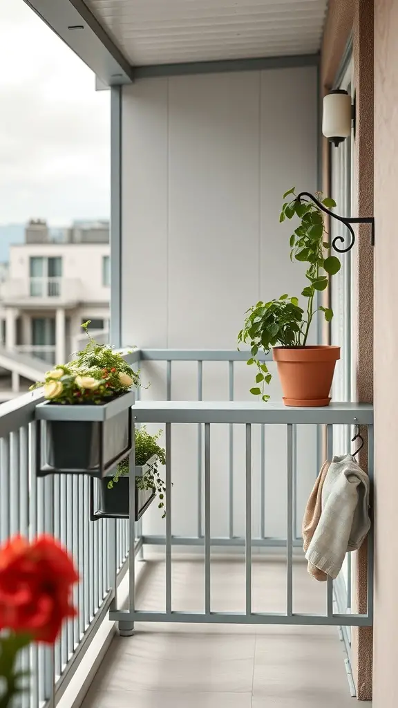 29+ Creative Balcony Storage Ideas 3 A balcony with railings featuring hanging planters and a towel, showcasing creative storage solutions.