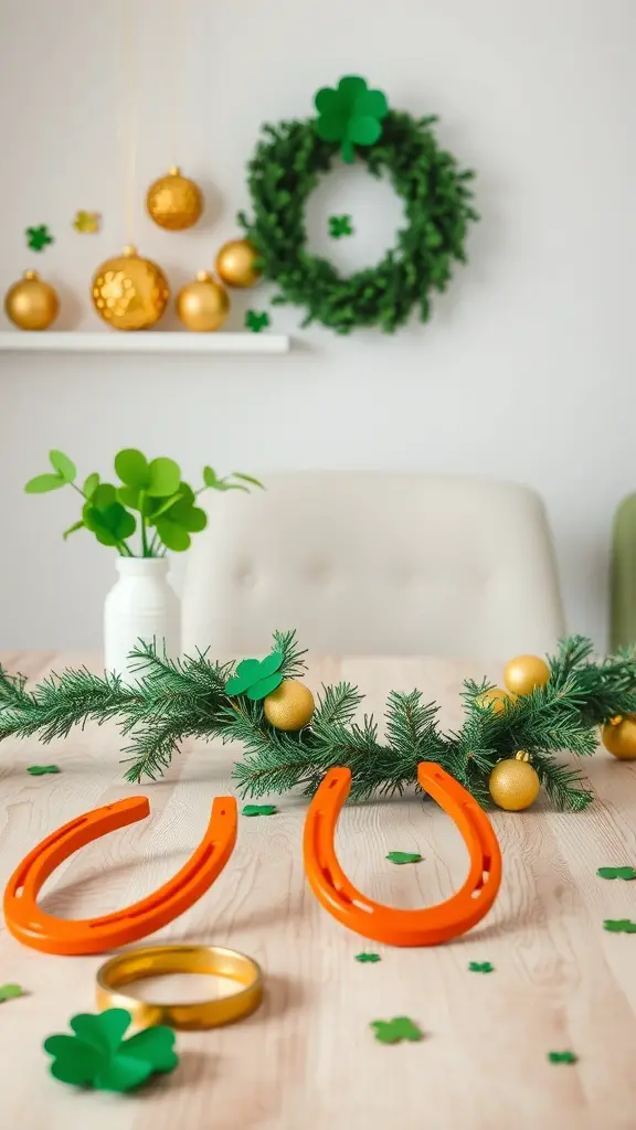 A St. Patrick's Day tablescape featuring orange horseshoes, green shamrocks, and golden ornaments.