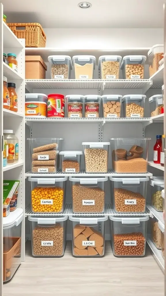 29+ Creative Small Pantry Ideas to Maximize Space 6 Organized pantry with clear storage bins labeled for easy visibility
