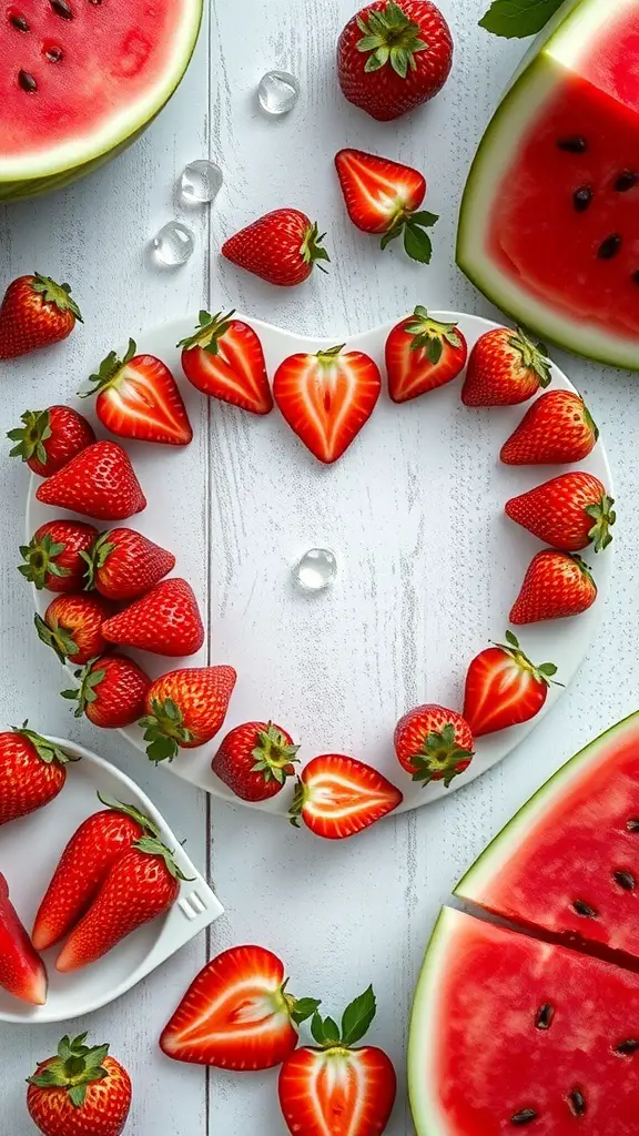 23+ Stunning Valentine's Day Centerpiece Ideas for a Romantic Atmosphere 2 A heart-shaped display made of strawberries and watermelon on a white wooden surface.