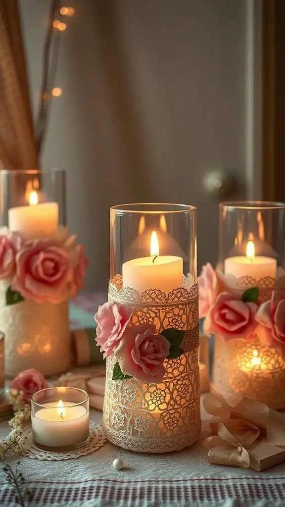 Romantic candle holders with pink roses and lace decorations