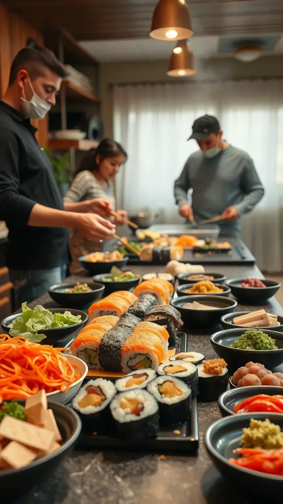 A family making sushi rolls together in a cozy kitchen.
