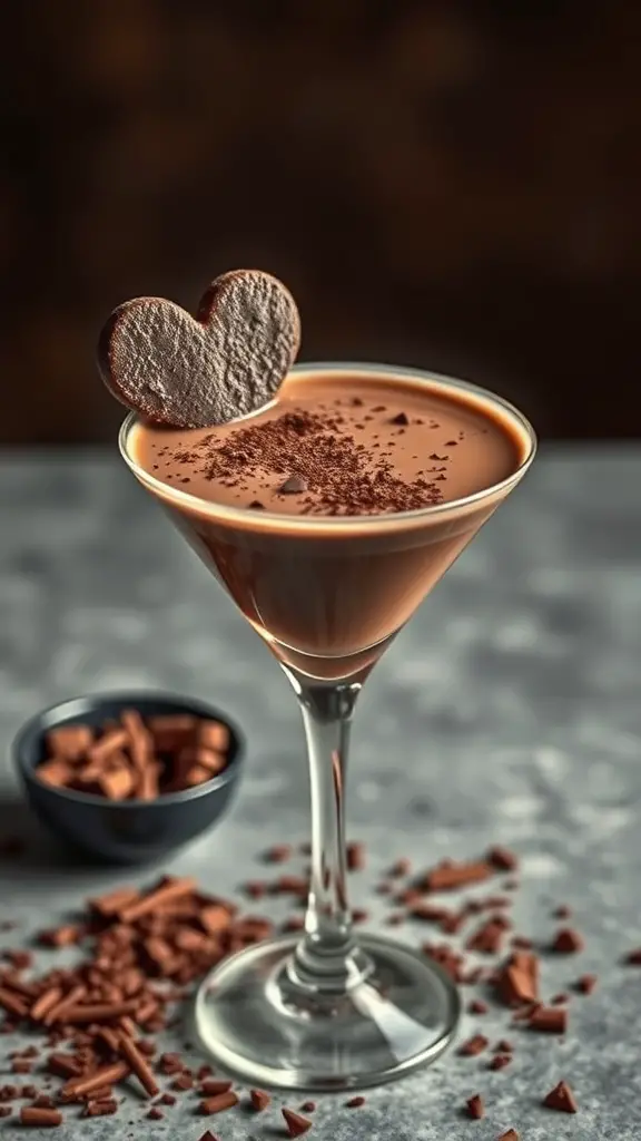 A chocolate martini garnished with a heart-shaped cookie and chocolate shavings.