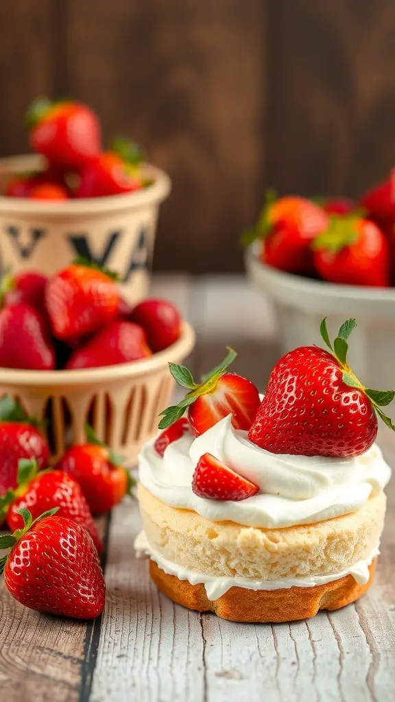 A delicious strawberry shortcake cupcake topped with fresh strawberries and whipped cream, surrounded by fresh strawberries.