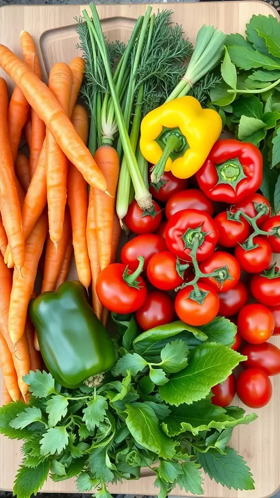 A colorful assortment of fresh vegetables including carrots, bell peppers, and tomatoes arranged on a wooden board.