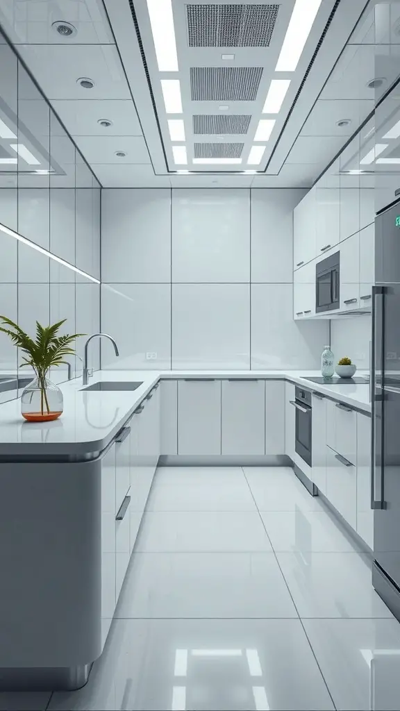 Modern kitchen with self-cleaning surfaces, featuring sleek white cabinetry and bright lighting.