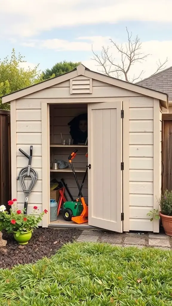 A weatherproof storage shed with gardening tools and a weedeater inside.