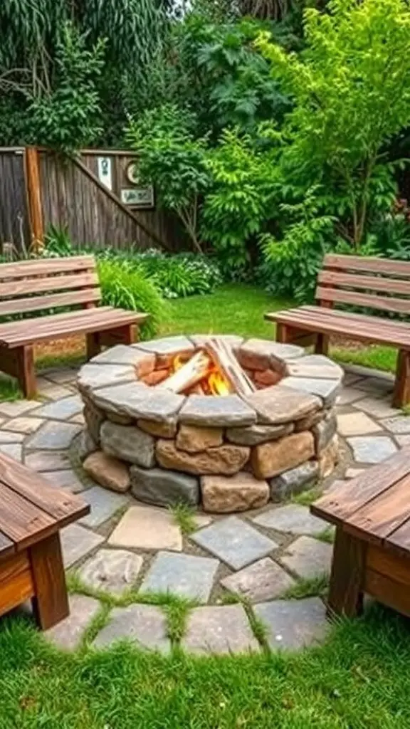 Rustic stone fire pit surrounded by wooden benches in a garden setting