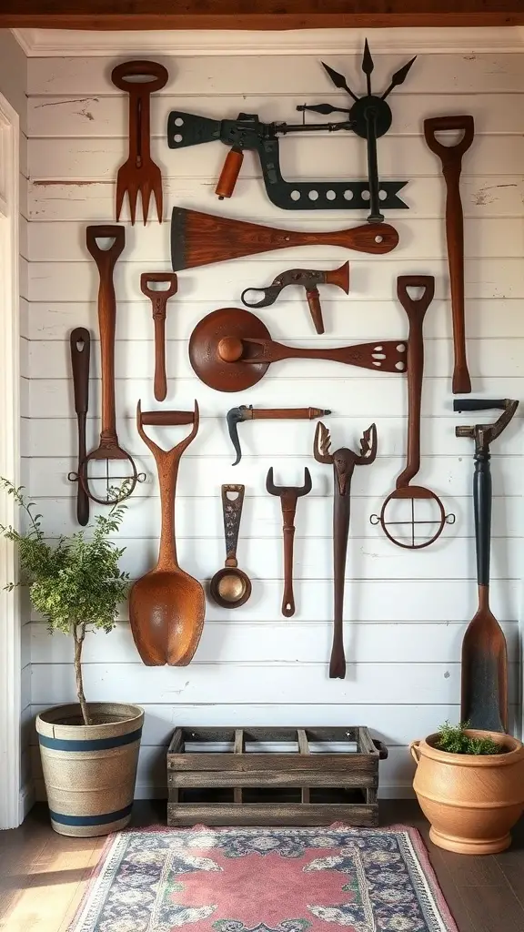 A collection of antique farm tools displayed on a wall, featuring wooden and metal elements, with potted plants and a rug in the foreground.