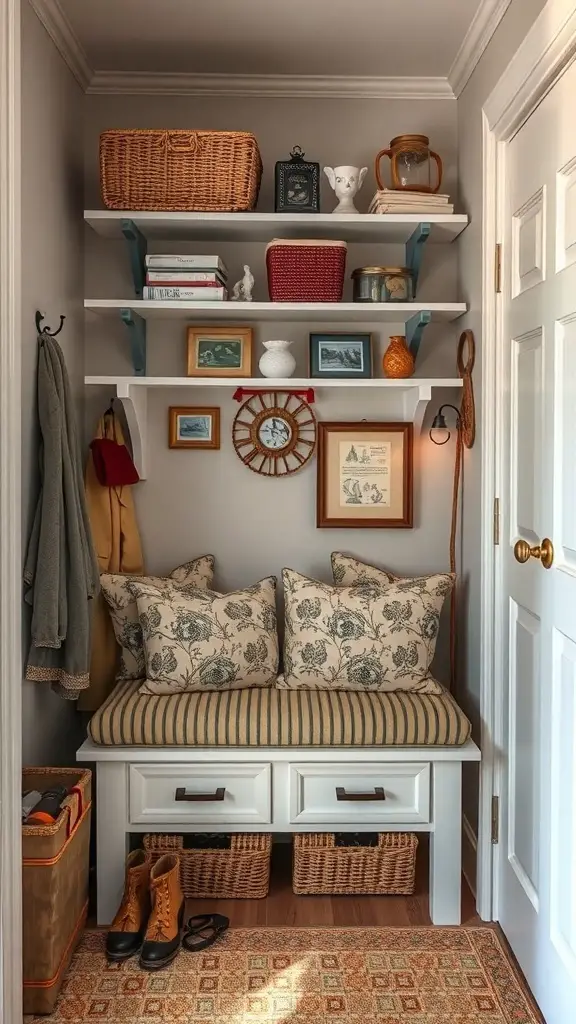 A small storage room with a cozy bench, decorative pillows, and shelves filled with baskets and framed pictures.