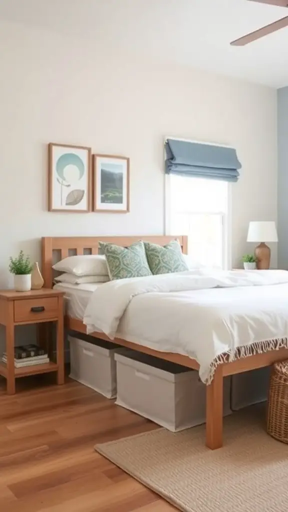 A cozy bedroom with clever storage solutions under the bed, featuring organized shelves and storage boxes.
