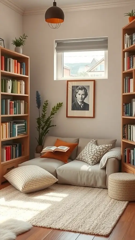 Cozy corner of a small apartment with bookshelves, a couch, and soft cushions.