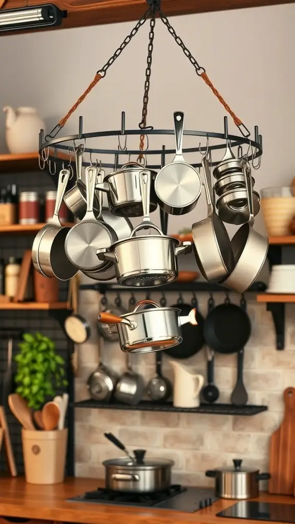 29+ Clever Kitchen Storage Ideas to Maximize Space 4 A hanging pot rack displaying various cookware in a stylish kitchen.