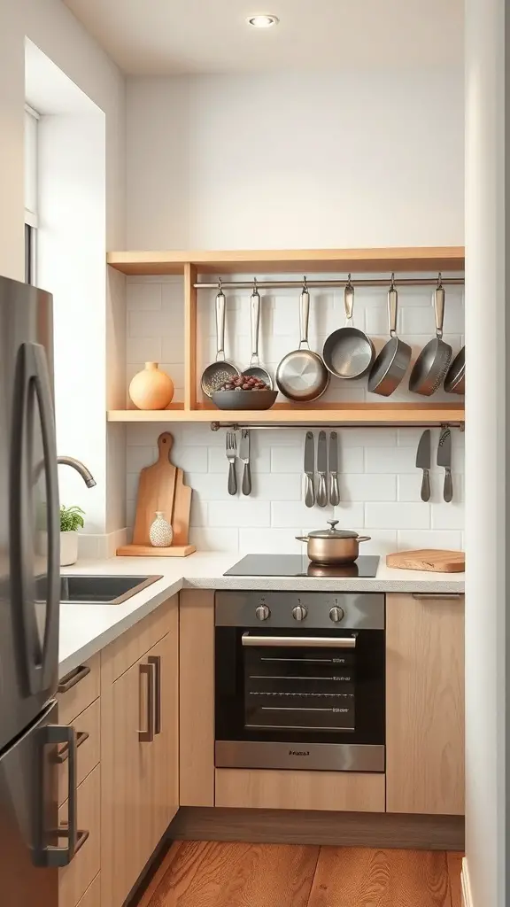 A modern kitchen with open shelves, hanging pots, and a small countertop area.