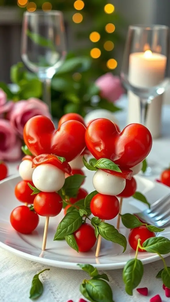 Heart-shaped Caprese skewers with cherry tomatoes, mozzarella, and basil on a plate
