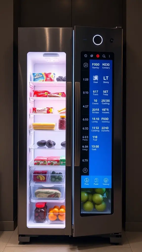 A modern smart refrigerator with a touchscreen interface displaying food inventory and organization features.