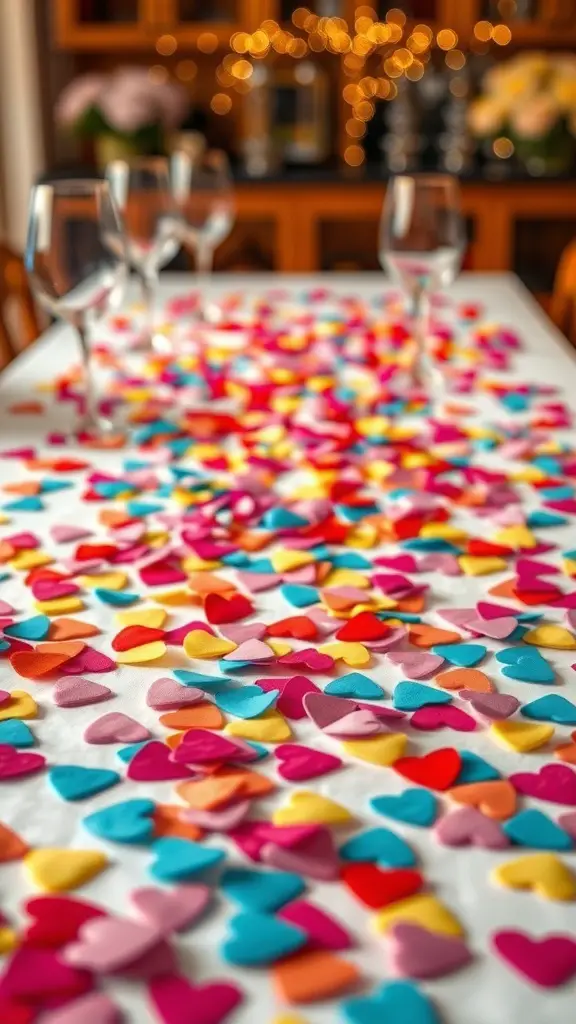 A table decorated with colorful heart-shaped confetti for Valentine's Day