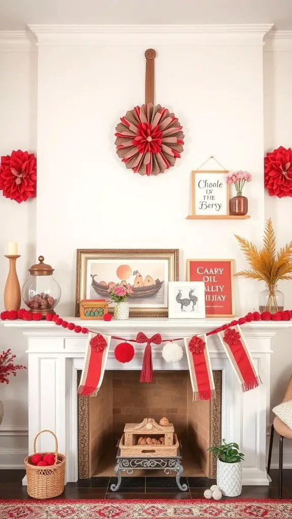 A beautifully decorated mantle for Valentine's Day featuring red and pink colors, pom-poms, and floral accents.