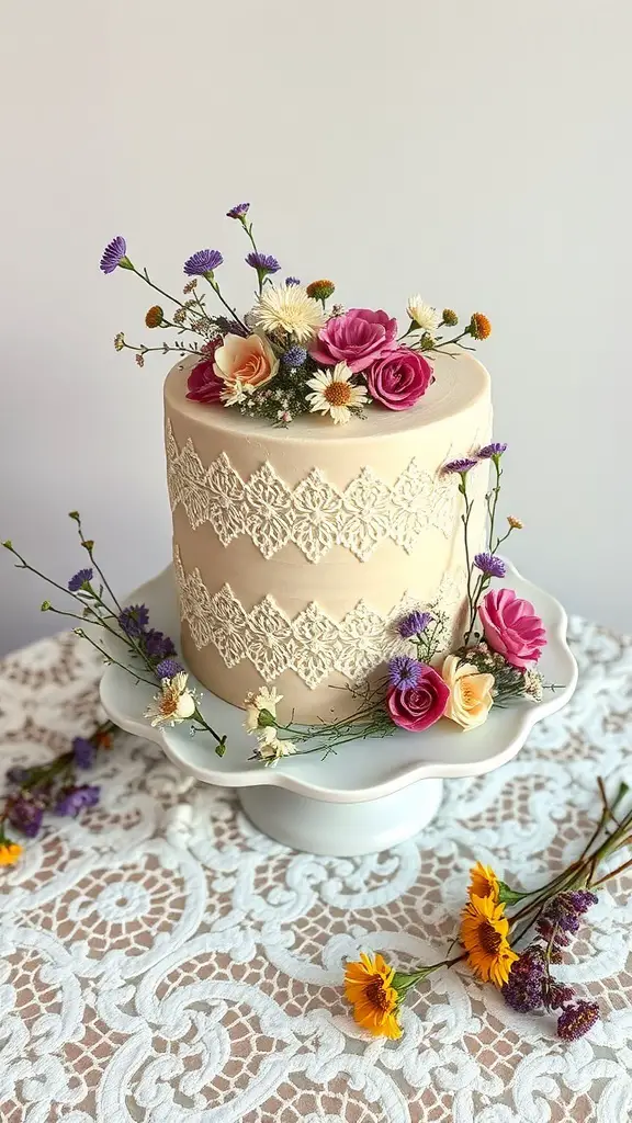 A vintage wildflower cake decorated with lace and colorful flowers on a white cake stand.