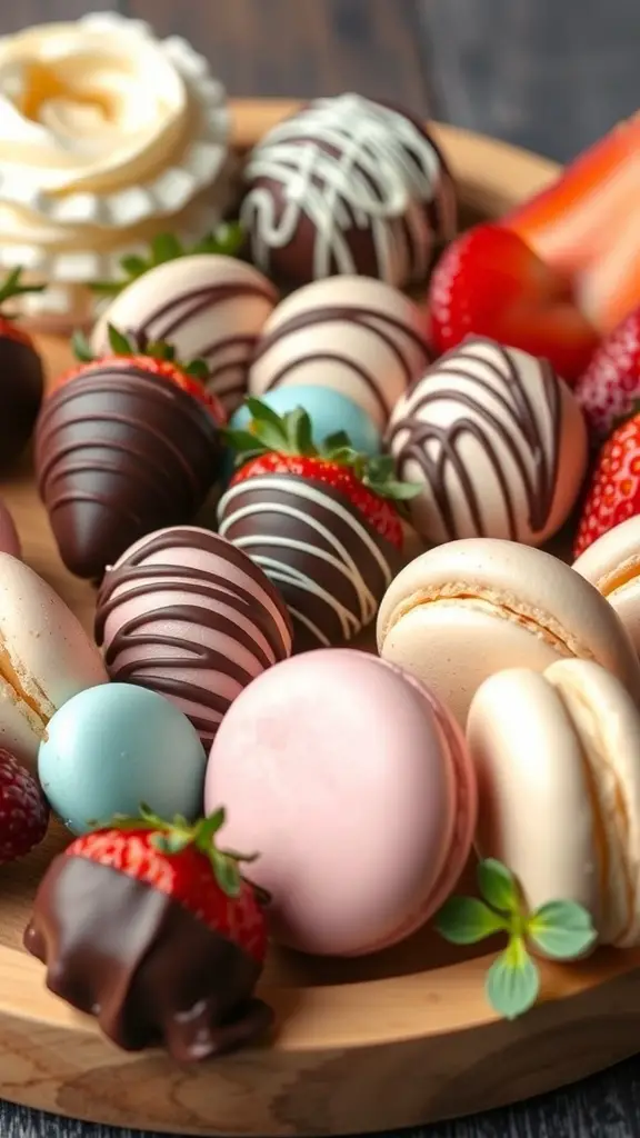A colorful Easter grazing board featuring chocolate-covered strawberries, macarons, and a rose-shaped cupcake.