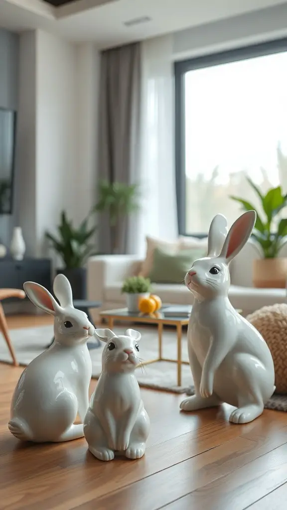 Three chic bunny figurines in a modern living room setting